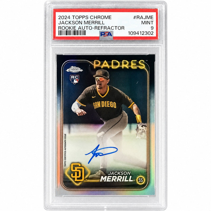2024 Topps Chrome Rookie Autograph Refractor Jackson Merrill #RAJME /499 PSA 9