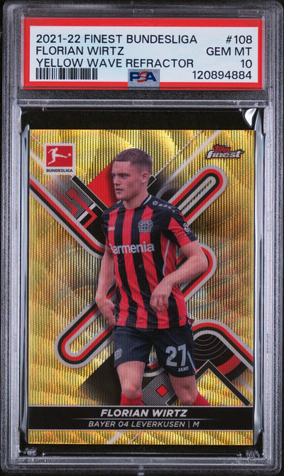 2021 Topps Finest Bundesliga Yellow Wave Refractor Florian Wirtz #108 /350 PSA 10