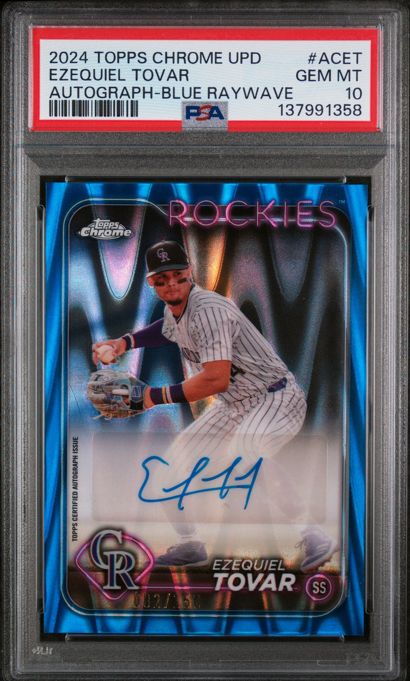 2024 Topps Chrome Update Chrome Baseball Update Series Autographs Blue Raywave Ezequiel Tovar #ACET /150 PSA 10