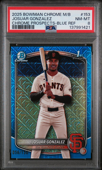 2025 Bowman Chrome Mega Box Chrome Prospects Blue Refractor Josuar Gonzalez #153 /150 PSA 8