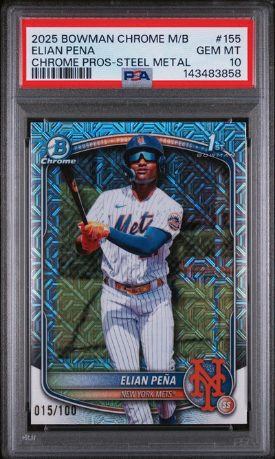 2025 Bowman Chrome Mega Box Chrome Prospects Steel Metal Elian Pena #155 /100 PSA 10