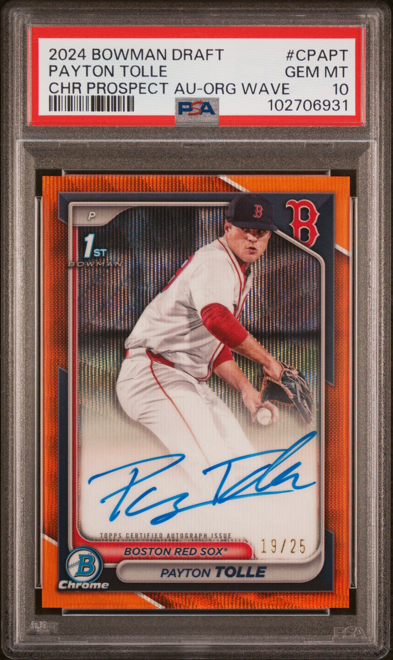 2024 Bowman Draft Chrome Prospect Autographs Orange Wave Payton Tolle #CPAPT /25 PSA 10
