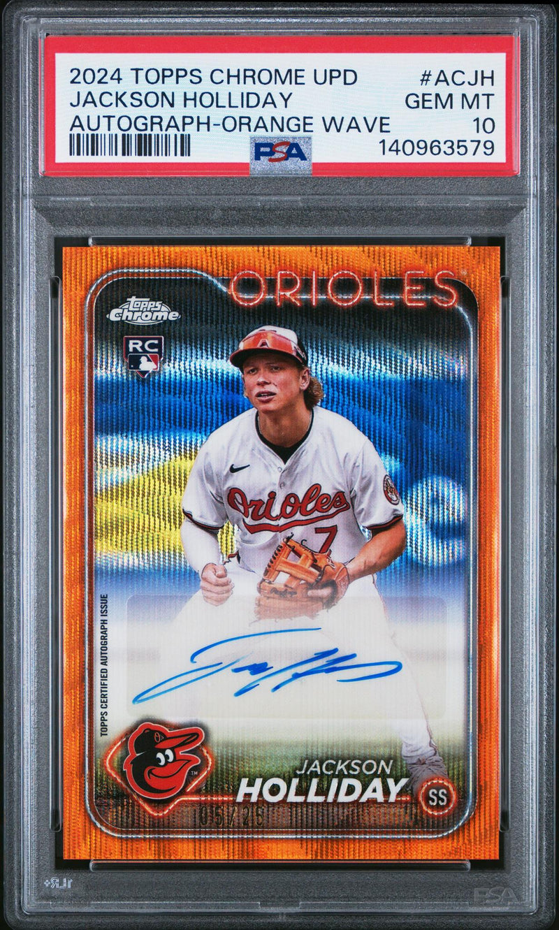2024 Topps Chrome Update Chrome Baseball Update Series Autographs Orange Wave Jackson Holliday #ACJH /215 PSA 10