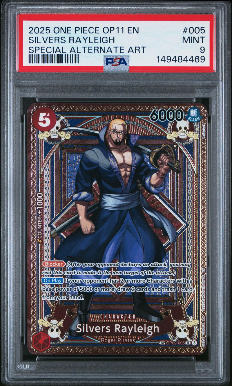 2025 One Piece Op11 A Fist of Divine Speed Special Alternate Art Silvers Rayleigh #OP09-005 PSA 9