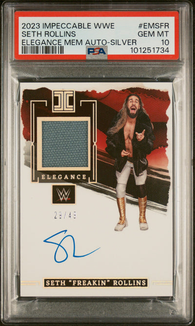 2023 Panini Impeccable WWE Elegance Memorabilia Autograph Elegance Mem Auto-Silver Seth Rollins #EMSFR /49 PSA 10