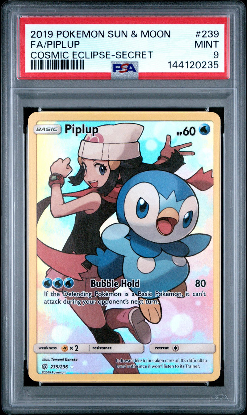 2019 Pokemon Sun and Moon Cosmic Eclipse Secret Rare Piplup #239 PSA 9