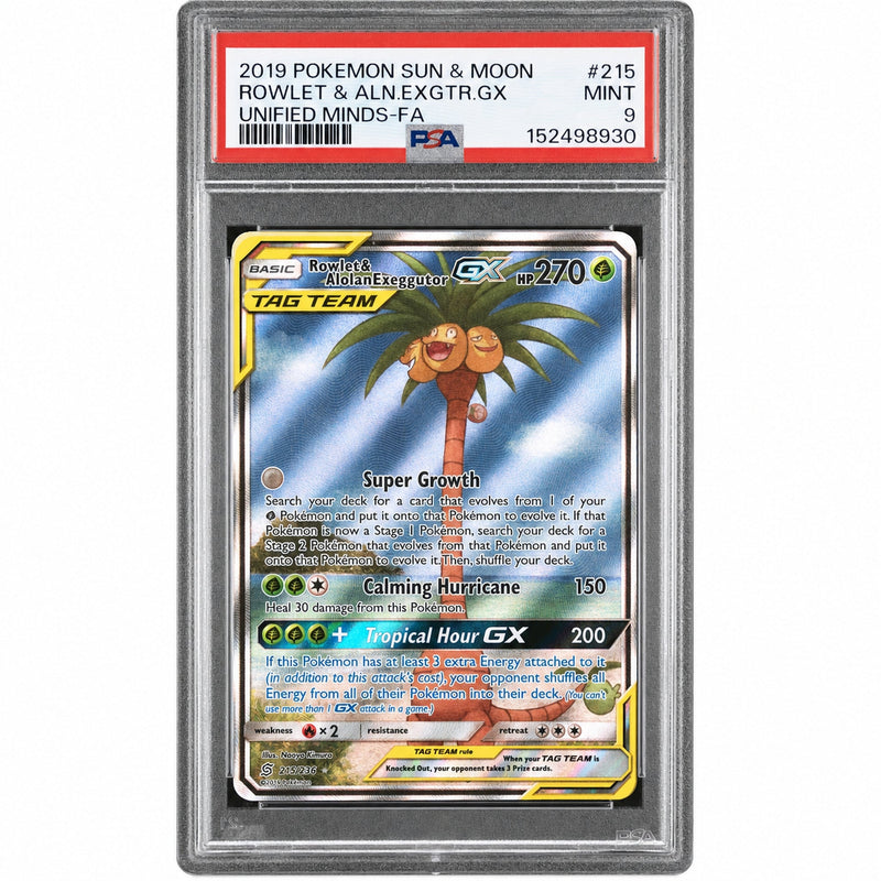 2019 Pokemon Sun and Moon Unified Minds Alolan Exeggutor Gx/Rowlet #215 /236 PSA 9