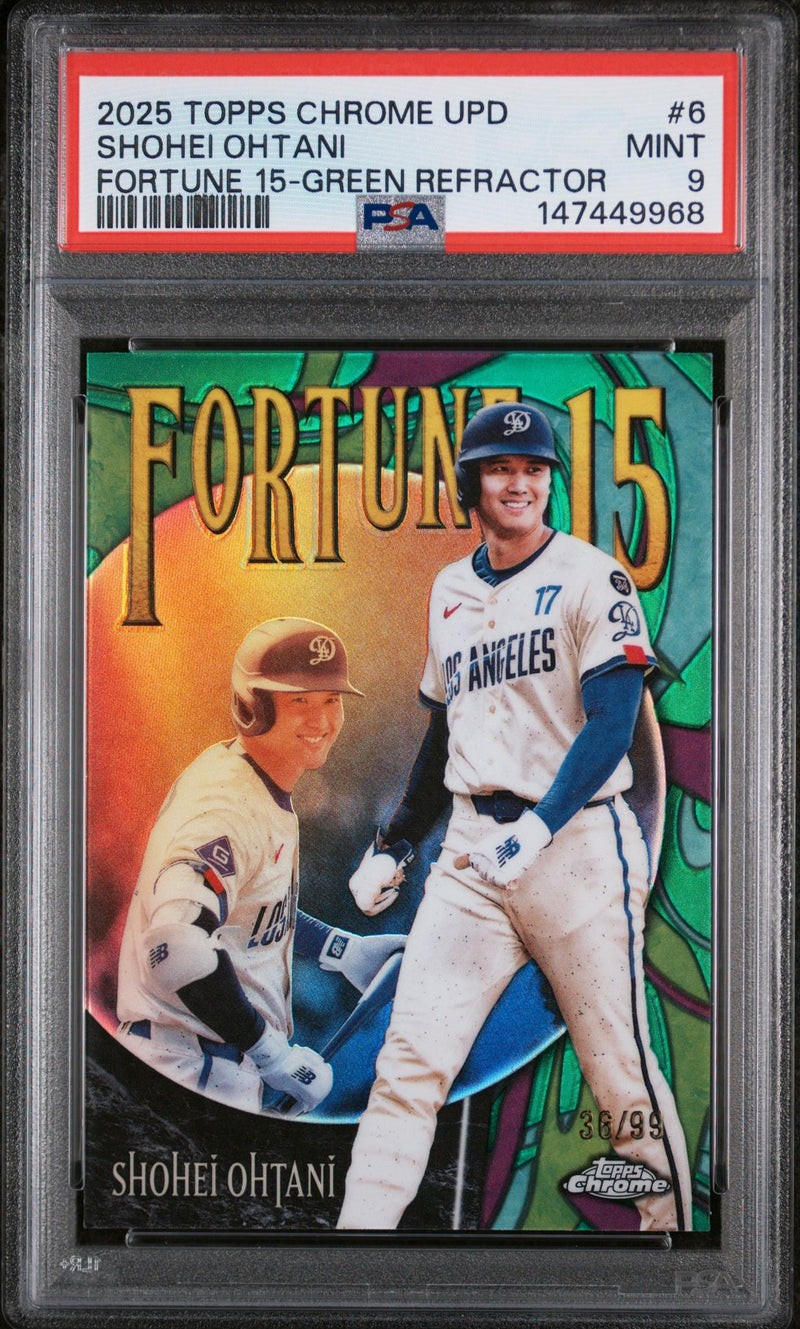 2025 Topps Chrome Update Fortune 15 Green Refractor Shohei Ohtani #6 /99 PSA 9
