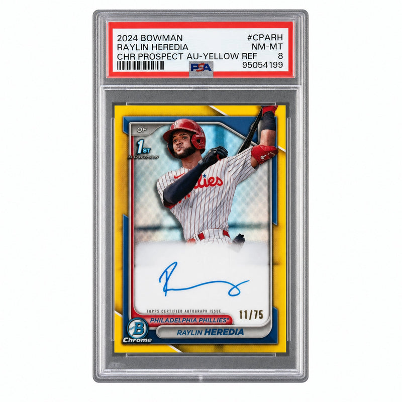 2024 Bowman Chrome Prospect Autographs Chrome Prospect Au-Yellow Raylin Heredia #CPARH /75 PSA 8