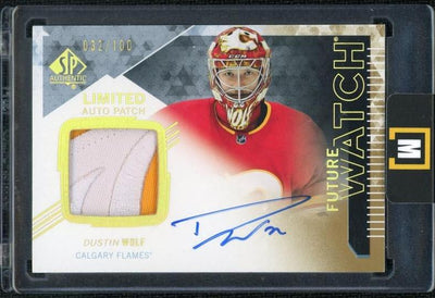 2022 Upper Deck SP Authentic 111 Dustin Wolf Future Watch Limited Auto Patch /100 Calgary Flames
