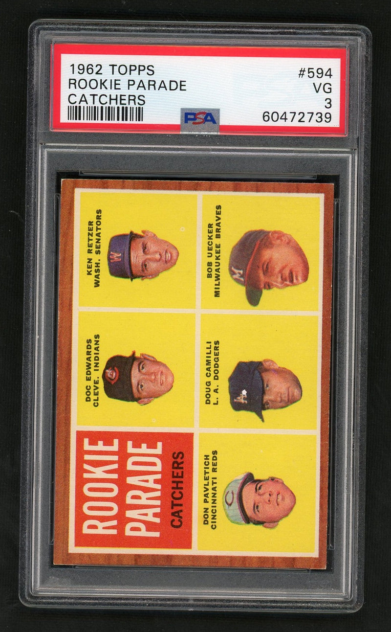 1962 Topps Doc Edwards/Ken Retzer/Bob Uecker/Doug Camilli/Don Pavletich #594 PSA 3