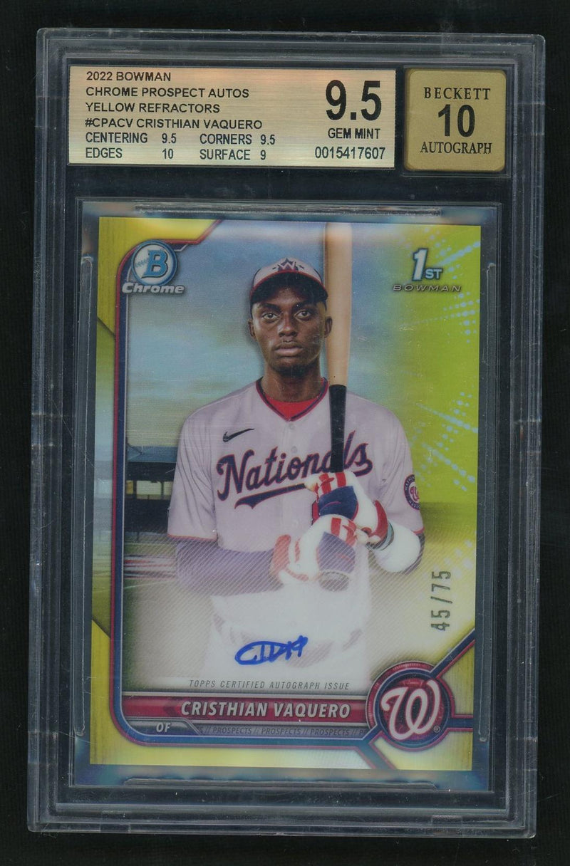 2022 Bowman Chrome CPA-CV Cristian Vaquero Chrome Prospect Autos Yellow Rookie /75 Beckett 9.5 Gem Mint Washington Nationals