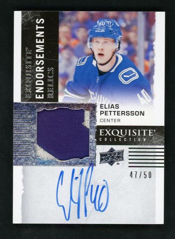2018 Upper Deck Exquisite Collection ER-EP Elias Pettersson Exquisite Endorsements Relics /50 Vancouver Canucks Auto