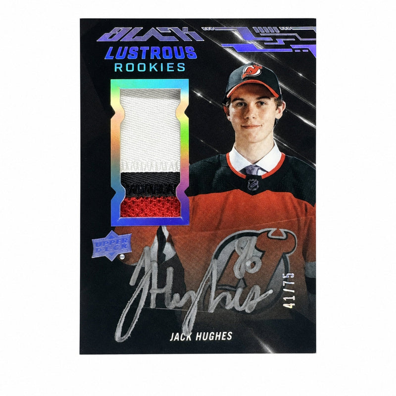 2019 SPx Jack Hughes Black Lustrous Rookie Auto Patch /75 RC