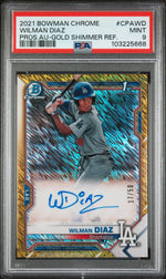 2021 Bowman Chrome #CPAWD Wilman Diaz Prospect Autograph Gold Shimmer Refractor /50 PSA 9