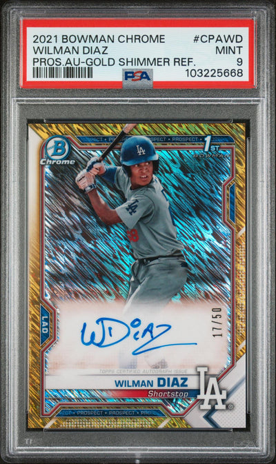 2021 Bowman Chrome #CPAWD Wilman Diaz Prospect Autograph Gold Shimmer Refractor /50 PSA 9