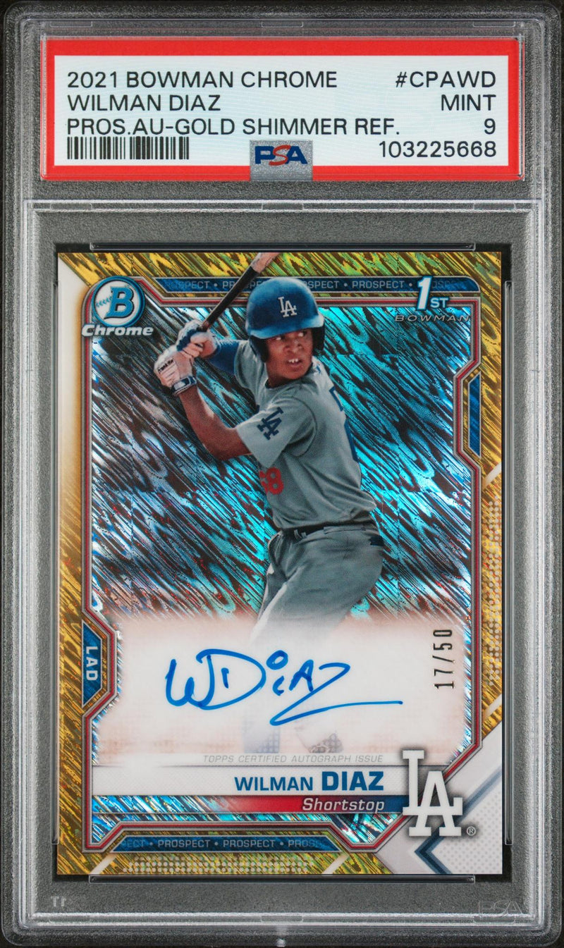 2021 Bowman Chrome #CPAWD Wilman Diaz Prospect Autograph Gold Shimmer Refractor /50 PSA 9
