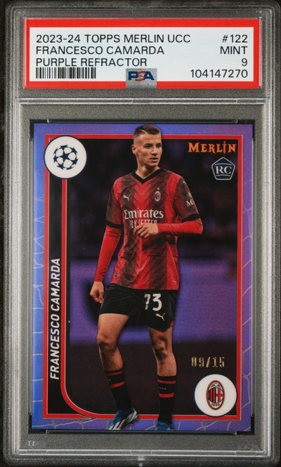 2023 Topps Merlin UEFA Club Competitions #122 Francesco Camarda Purple Refractor PSA 9