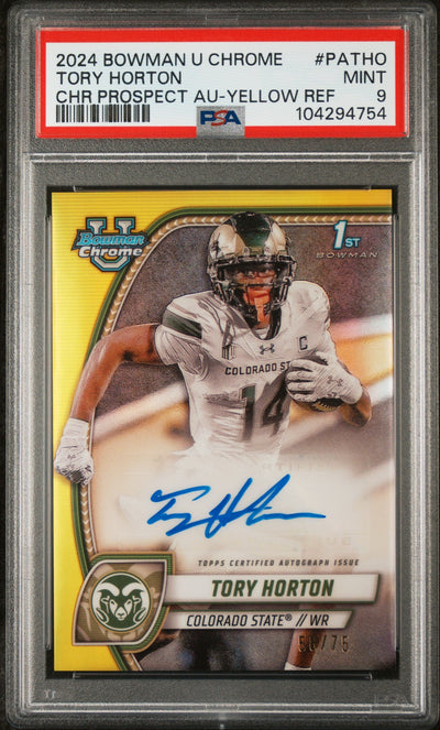 2024 Bowman University Chrome Bowman Chrome Prospect Autographs Yellow Refractor Tory Horton #PATHO /75 PSA 9