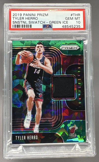 2019 Panini Prizm Sensational Swatches Green Ice Prizm Tyler Herro #12 /56 PSA 10