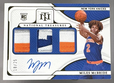 2021 Panini National Treasures Miles McBride #RMT-MMB Rookie Materials Auto Triple Prime /25 MEM RC
