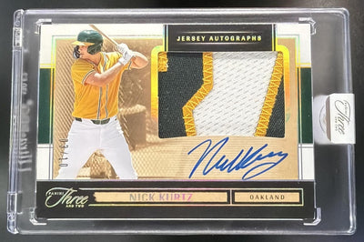 2025 Panini Three and Two Nick Kurtz #19 Jersey Auto Holo Gold 1/10 MEM A's