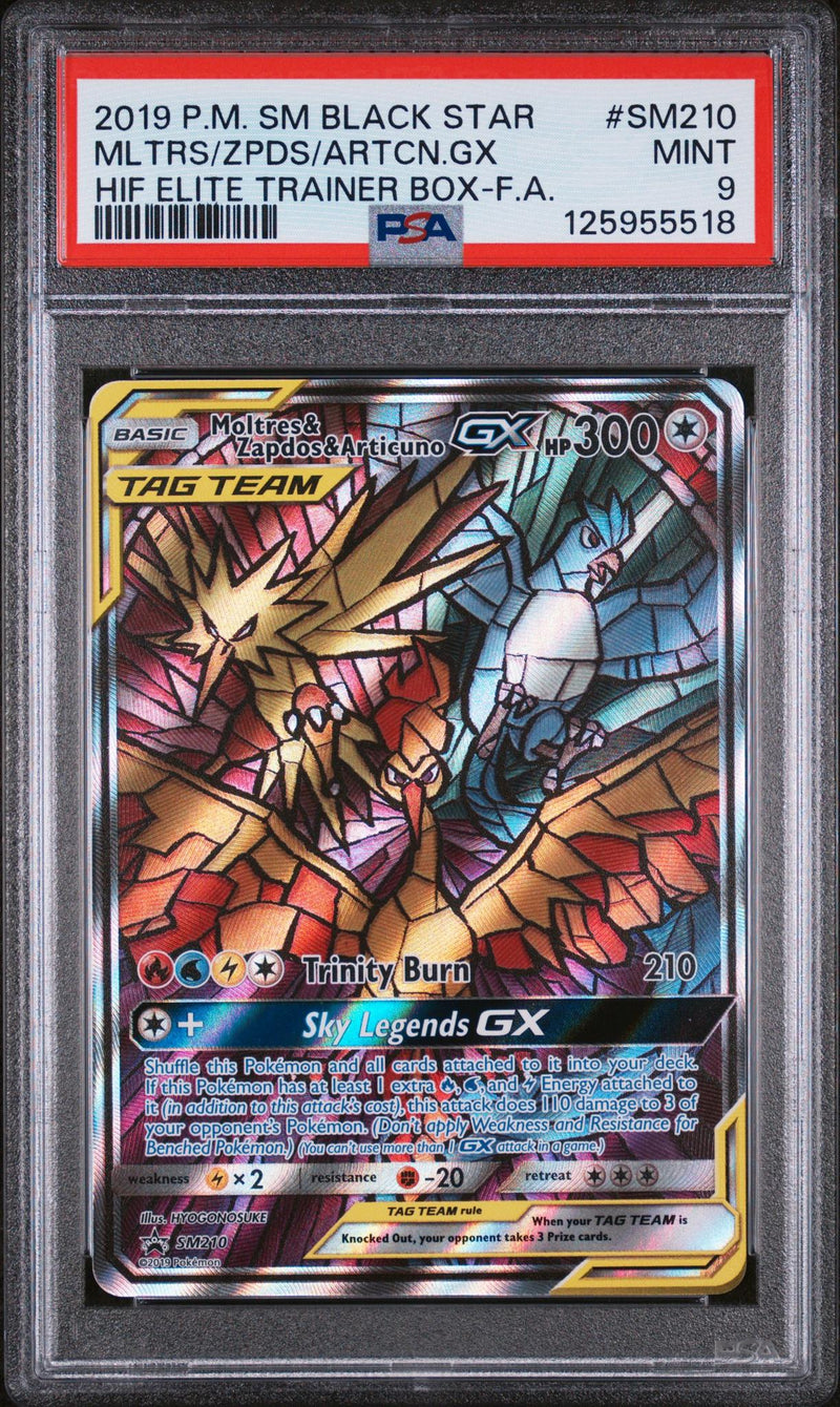 2019 Pokemon Sun and Moon Black Star Promo Hidden Fates Elite Trainer Box Articuno/Moltres/Zapdos Gx #SM210 PSA 9