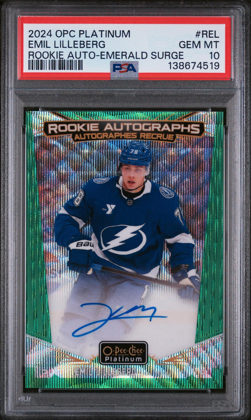 2024 Upper Deck O-Pee-Chee Platinum Rookie Autographs Emerald Surge Emil Lilleberg #REL /10 PSA 10