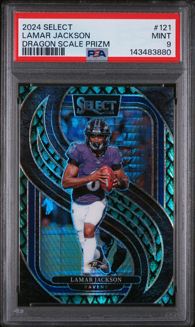 2024 Panini Select Premier Level Dragon Scale Lamar Jackson #121 /81 PSA 9