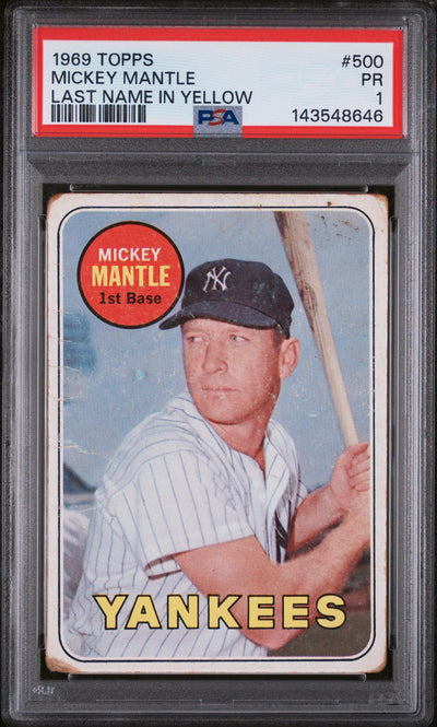 1969 Topps Yellow Letters Mickey Mantle #500 PSA 1