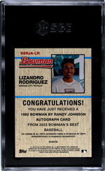 2023 Bowman's Best #92RJA-LR Lizandro Rodriguez '92 Bowman By Randy Johnson Auto. 86/250 SGC 9.5