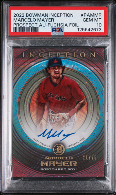 2022 Bowman Inception Prospect Autographs Fuchsia Foil Marcelo Mayer #PAMMR /75 PSA 10