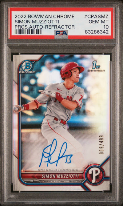 2022 Bowman Chrome Prospect Autograph Refractor Simon Muzziotti #CPASMZ /499 PSA 10