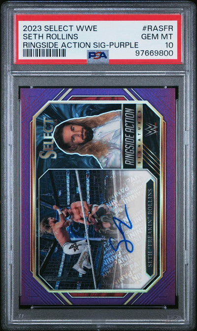 2023 Panini Select WWE Ringside Action Signatures Purple Seth Freakin Rollins #RASFR 99/99 PSA 10