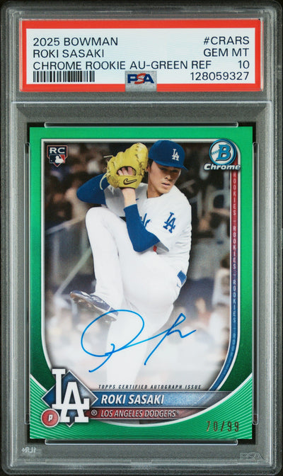 2025 Bowman Chrome Rookie Autographs Green Refractor Roki Sasaki #CRARS /99 PSA 10