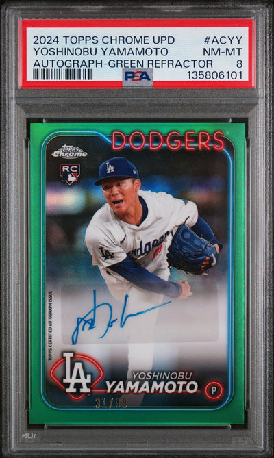 2024 Topps Chrome Update Chrome Baseball Update Series Autographs Autograph-Green Refractor Yoshinobu Yamamoto #ACYY /99 PSA 8