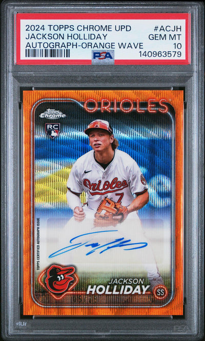 2024 Topps Chrome Update Chrome Baseball Update Series Autographs Orange Wave Jackson Holliday #ACJH /215 PSA 10