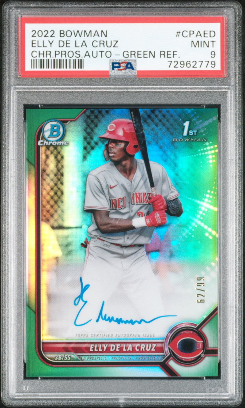 2022 Bowman Chrome Prospect Autograph Green Refractor Elly De La Cruz #CPAED /99 PSA 9