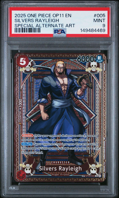 2025 One Piece Op11 A Fist of Divine Speed Special Alternate Art Silvers Rayleigh #OP09-005 PSA 9