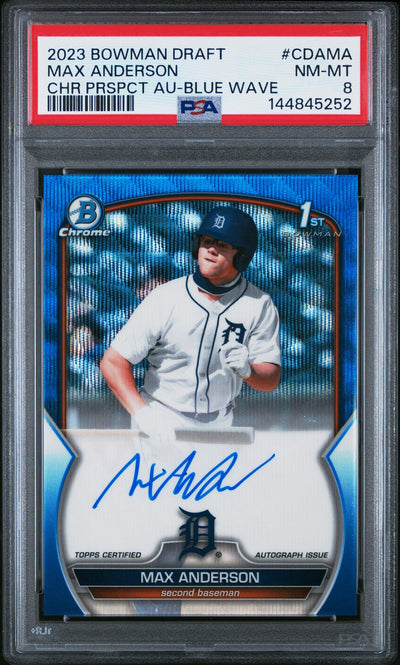 2023 Bowman Draft Chrome Prospect Autograph Blue Wave Refractor Max Anderson #CDAMA /150 PSA 8