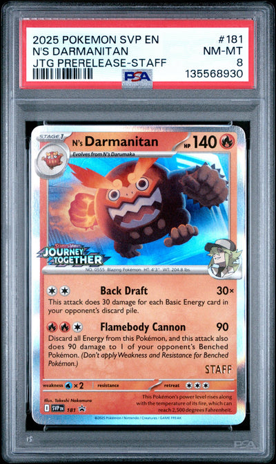 2025 Pokemon Scarlet and Violet Black Star Promo Journey Together Prerelease Staff N's Darmanitan #181 PSA 8