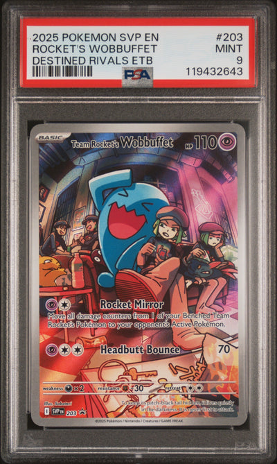 2025 Pokemon Scarlet and Violet Black Star Promo Destined Rivals Elite Trainer Box Team Rocket's Wobbuffet #203 PSA 9