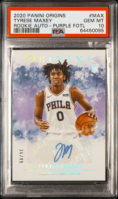 2020 Panini Origins Rookie Autographs Purple Fotl Tyrese Maxey #MAX /49 PSA 10