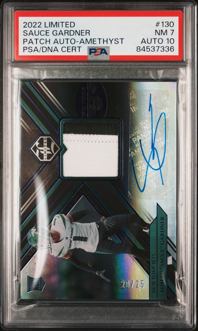 2022 Panini Limited Patch Autograph-Amethyst Ahmad "Sauce" Gardner #130 /25 PSA 7