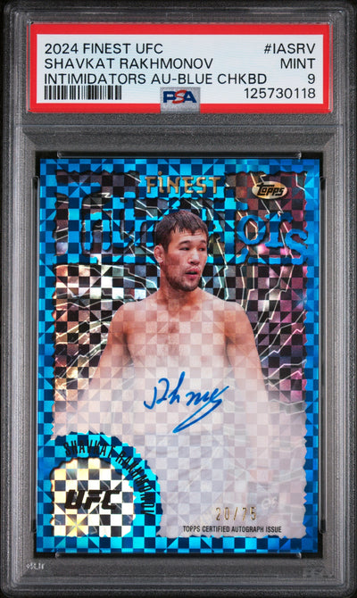 2024 Topps Finest UFC Intimidators Autographs Blue Checkerboard Shavkat Rakhmonov #IASRV /75 PSA 9