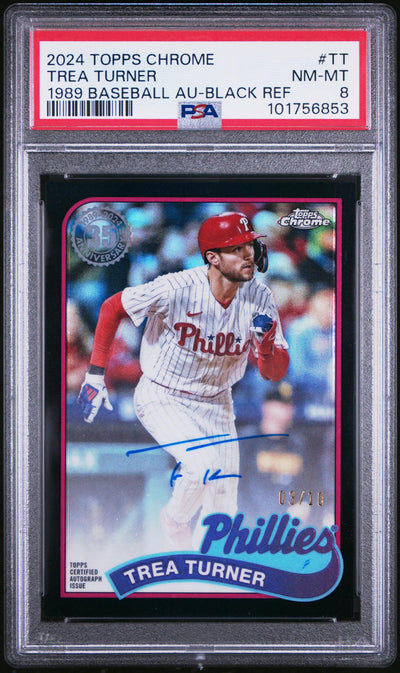 2024 Topps Chrome 1989 Topps Baseball Autographs 1989 Baseball Au-Black Ref Trea Turner #TT /10 PSA 8