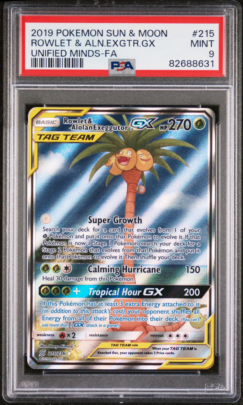 2019 Pokemon Sun and Moon Unified Minds Alolan Exeggutor Gx/Rowlet #215 PSA 9