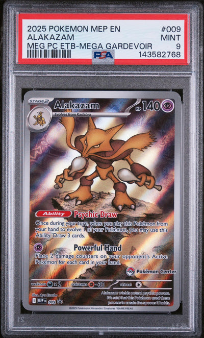 2025 Pokemon Mega Evolution Black Star Promo Mega Gardevoir Pokemon Center Elite Trainer Box Alakazam #009 PSA 9