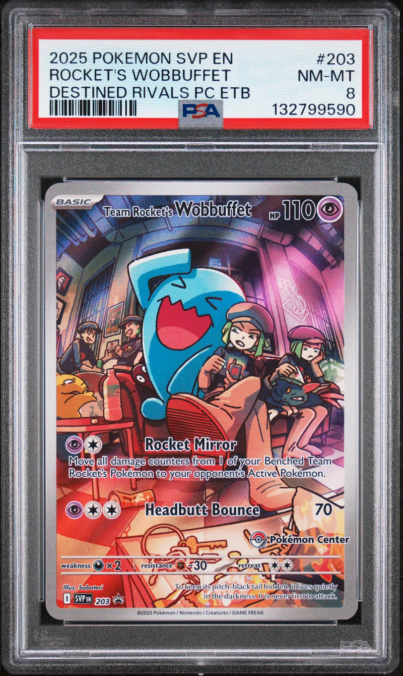 2025 Pokemon Scarlet and Violet Destined Rivals Pokemon Center Elite Trainer Box Team Rocket's Wobbuffet #203 PSA 8