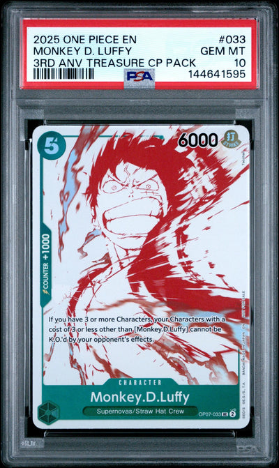 2025 Promotional Cards English 3rd Anniversary Treasure Camp. Monkey D. Luffy #OP07-033 PSA 10